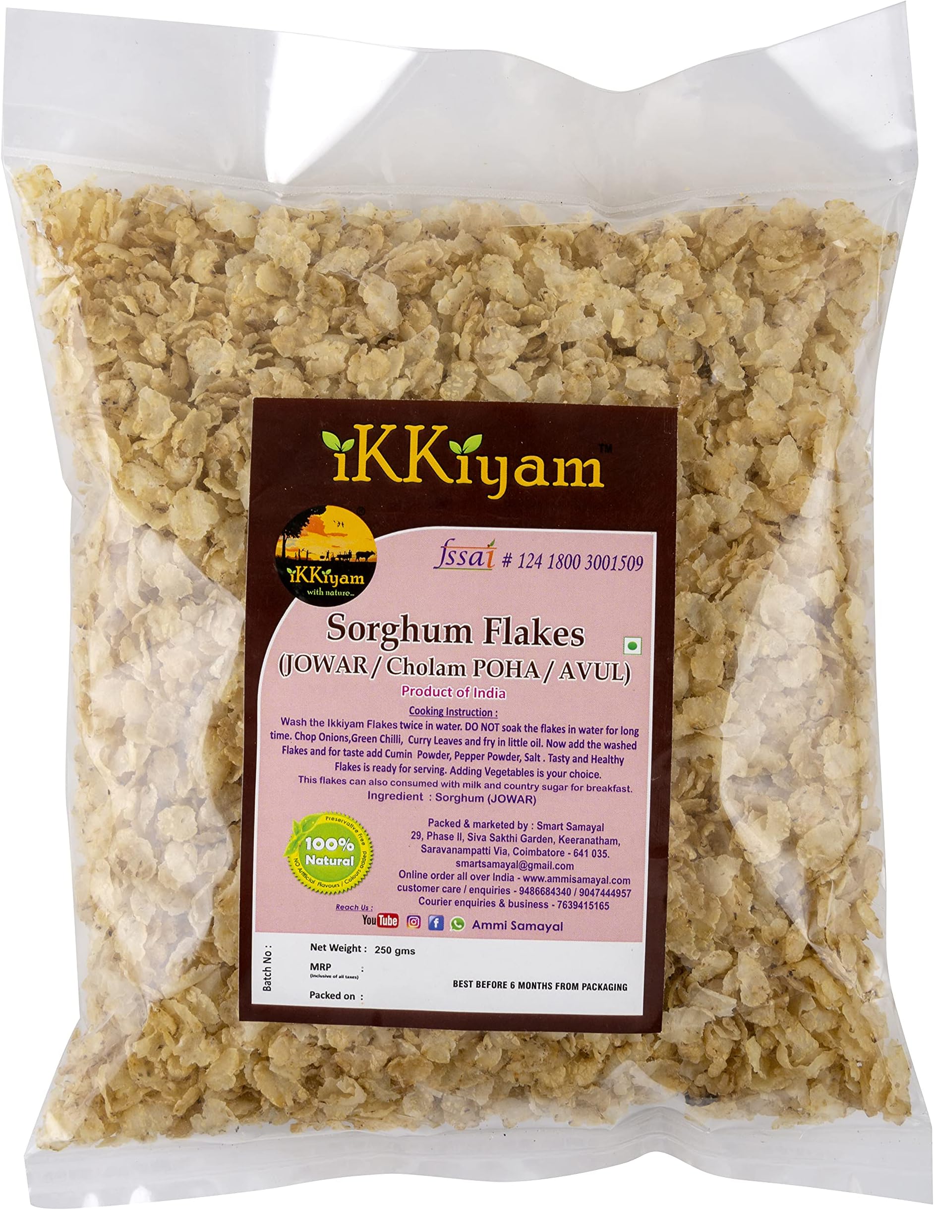 Jowar Flakes (Poha) | 100% Organic and Premium Cholam (Sorghum) Whole Grain Flakes | High Fiber, Gluten-Free Millet Poha Breakfast Cereal | Best for Weight Loss and Healthy Living | 250g Pack