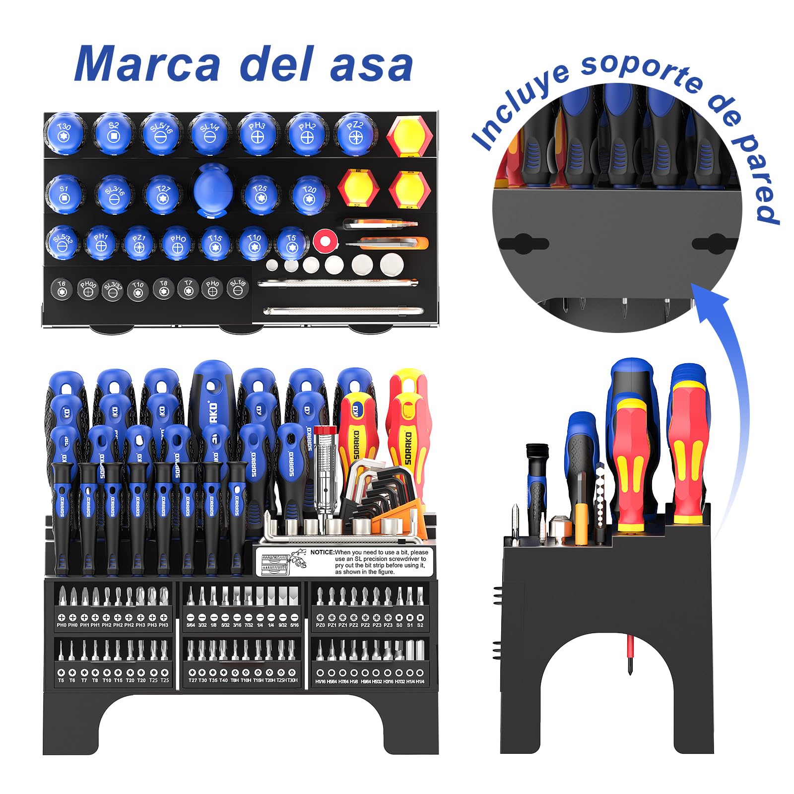SORAKO Set cacciaviti professionali 118 pezzi, incluso cacciavite a cricchetto, punte, di precisione, da elettricista isolati, tester di tensione, per casa, ufficio, manutenzione