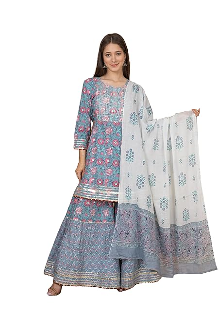 Grey Cotton Festive Embrodriery Printed Kurta Sharara Dupatta for Women