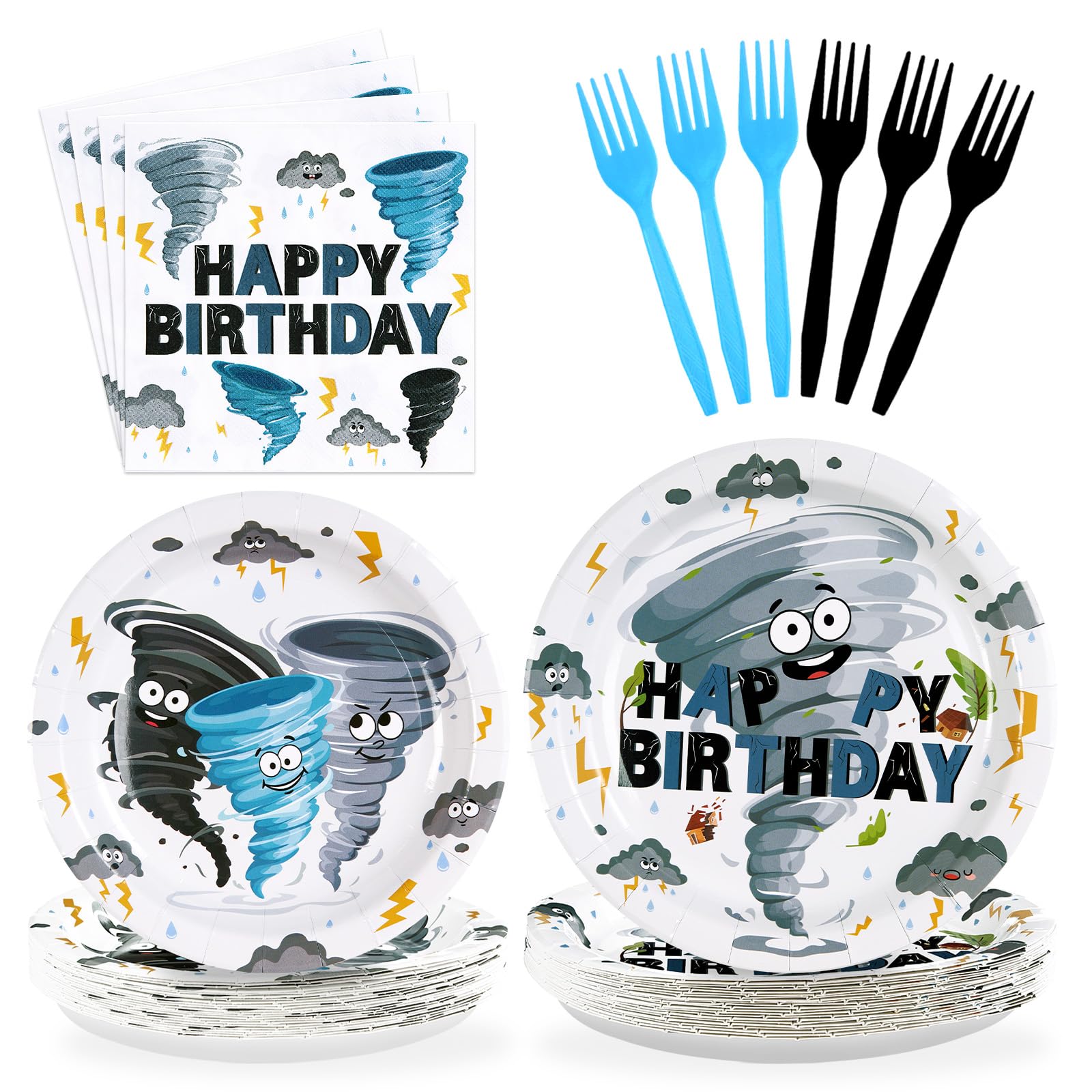 Grencian 96Pcs Tornado Birthday Party Decorations Blue Grey Tornado Birthday Plates and Napkins Disposable Paper Tableware for Boys Girls Kids Baby