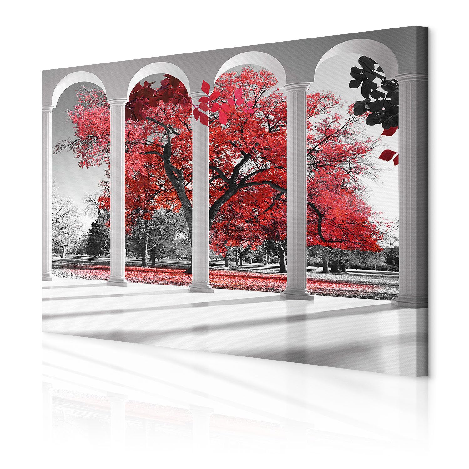 decomonkey Quadri Moderni Soggiorno Finestra Albero, 1 pezzo, 120x80 cm | Tela strutturata su telaio in legno, decorazione da parete, autunno, collona, natura, paesaggio, bianco, nero, rosso