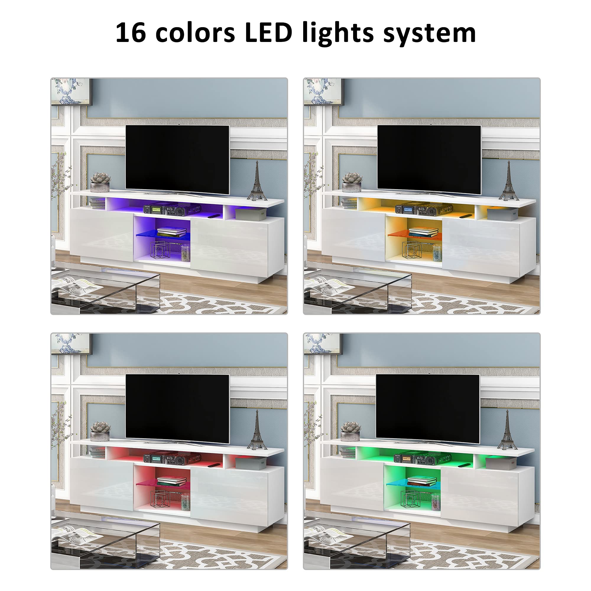 Buy SSLine Modern White TV Stand with RGB LED Light Wood Television