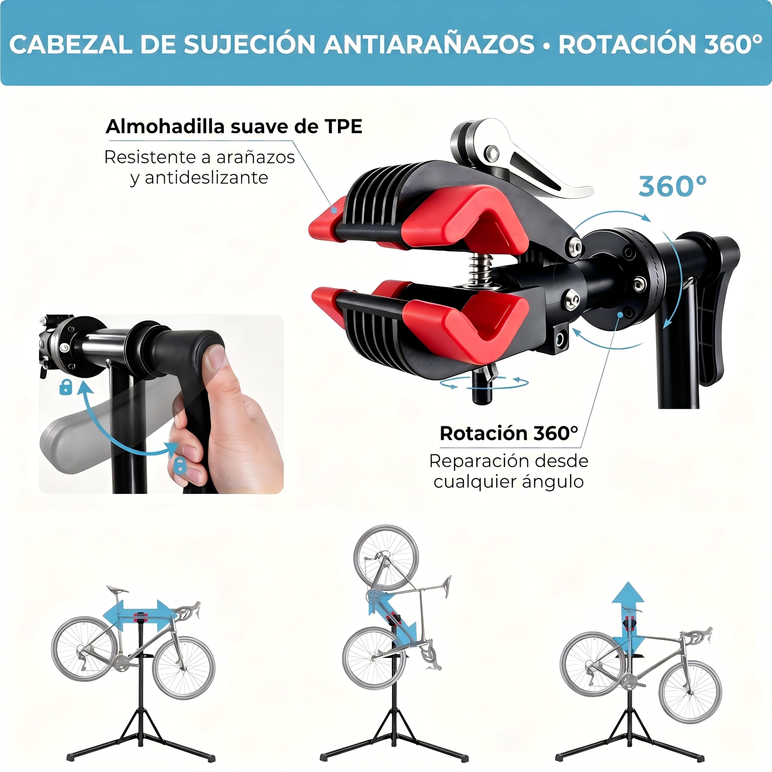 Caballetes para bicicletas, Soporte reparación bicicletas con base bajo centro gravedad estable, bandeja magnética herramientas, cabezal giratorio 360°, plegable, carga máxima 30 kg