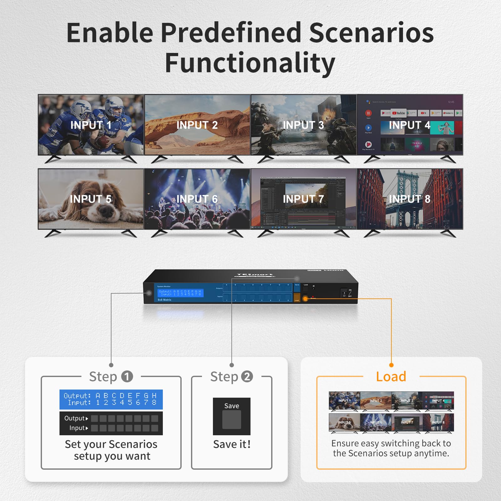 TESmart 8x8 HDMI Matrix Switch 4K@30Hz| Commutateur matriciel HDMI HDCP 1.4 Supporte la télécommande IR, Contrôle LAN/RS-232/IR avec 2 Rack Mount Ears-pour Centre de Contrôle & Salles de Réunion