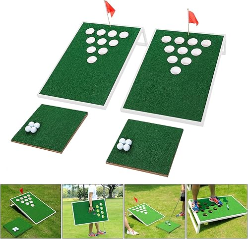 OOFIT Juego de Cornhole de golf combinado con juego de pong, tablas de juego de astillado con alfombrillas de astillado y pelotas de golf para