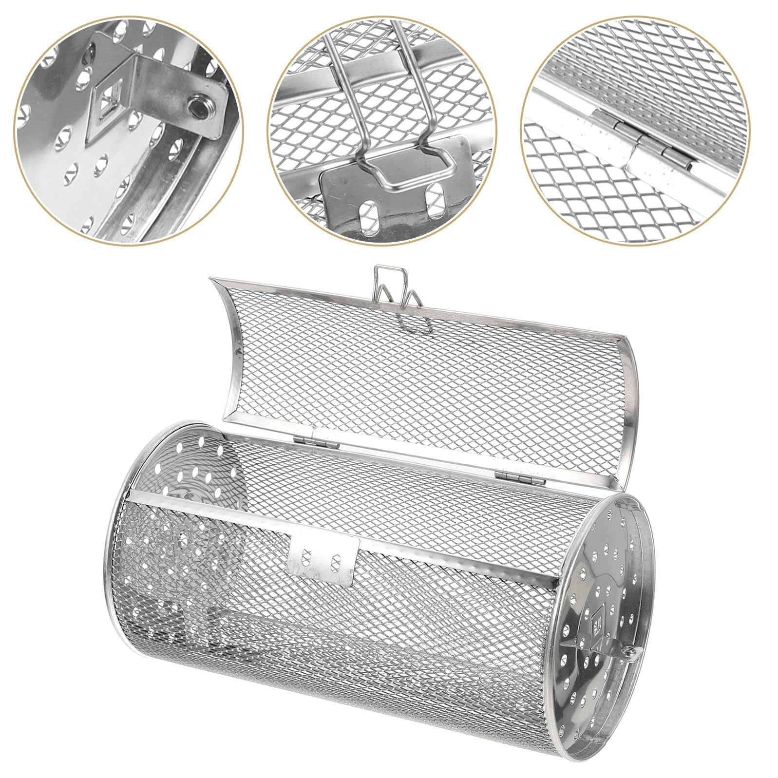 Griglia rotante in acciaio inox con porta mobile, accessorio versatile per barbecue per arrostire noci, verdure e riunioni di famiglia, ideale per forno e grill all'aperto