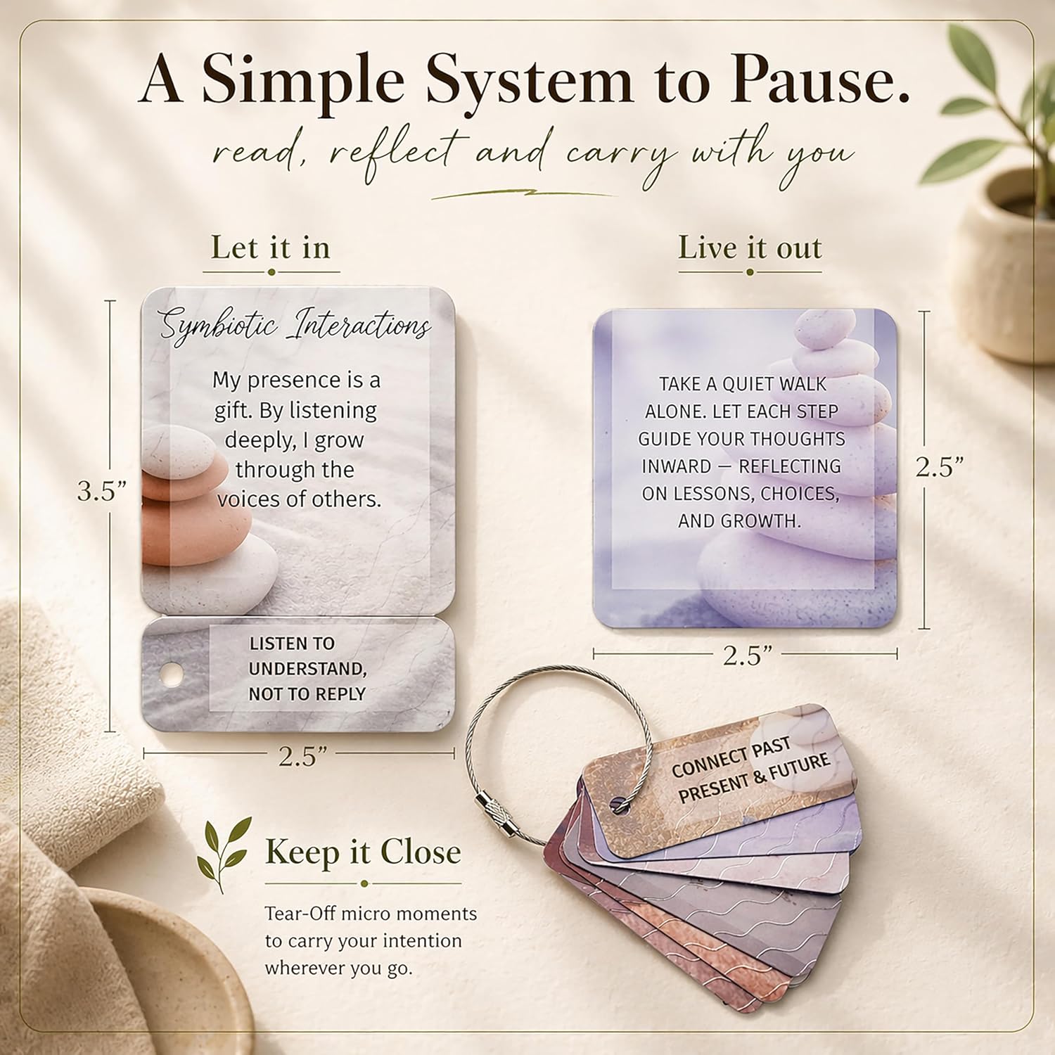 Weekly Pause™ Sensory Affirmation Cards for Women & Men – 55 Mindfulness Principles, Waterproof Raised Texture Deck with Tear-Off Mini Reminders & Keychain, Motivational Gift Box Set