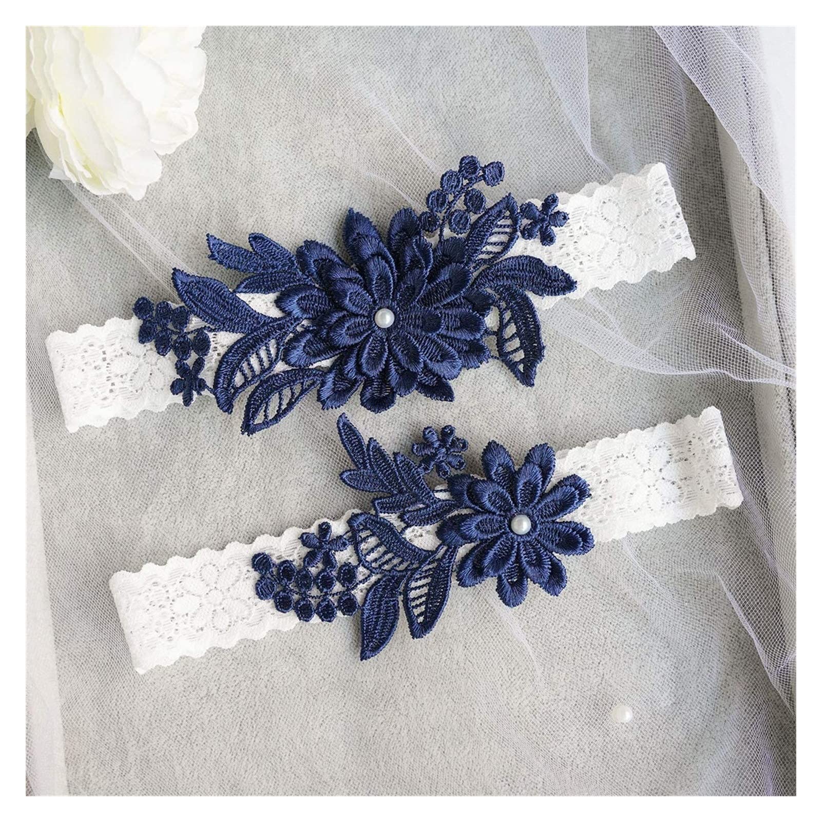 Strumpfbänder für die Hochzeit, Strumpfbänder für die Braut, Strumpfband-Set aus Spitze, floraler Beinring mit handgenähten Kunstperlen (Farbe: Milchweiß) (Himmelblau B) (Himmelblau B)