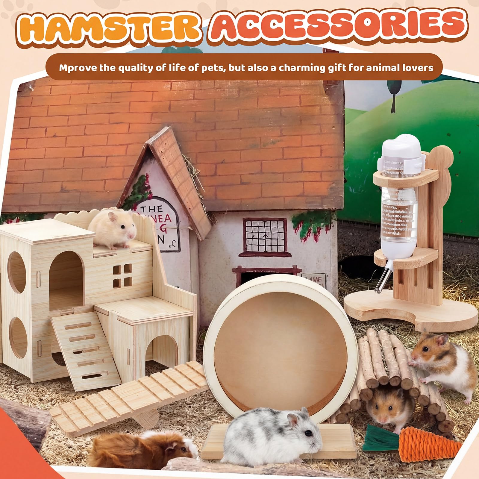 18-teiliges Hamsterkäfig-Zubehör, leises Hamsterrad, 15-teiliges Kauspielzeug-Set, Labyrinth-Holzhaus und Wasserflaschen-Set für Ratten, Mäuse, Kleintiere, Lebensraum (Harmonie-Holzstil)