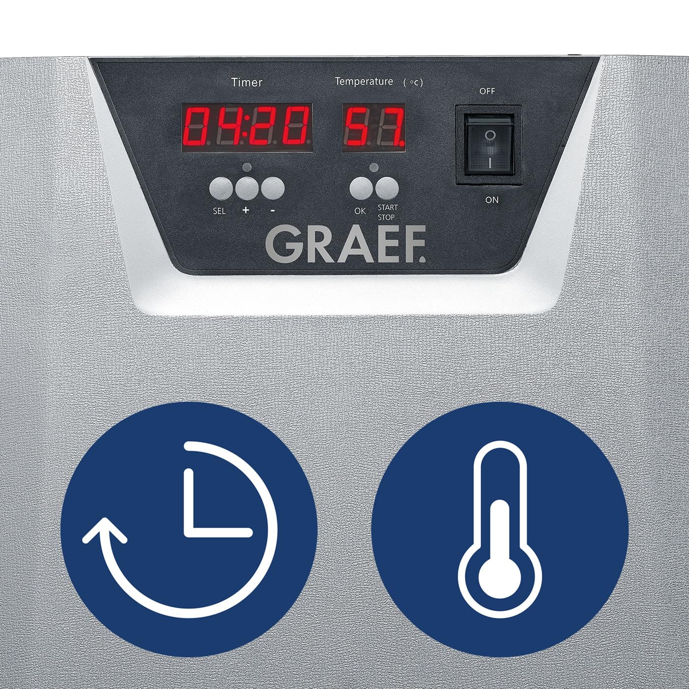 GRAEF Dörrautomat DA506 Silber, 6 Einlegefächer, Dörrfläche: 0,65 m², 40-Stunden-Timer, Temperaturanzeige, 30–70°C einstellbar, gleichmäßige Wärmeverteilung, ideal für Gemüse, Kräuter, Fleisch