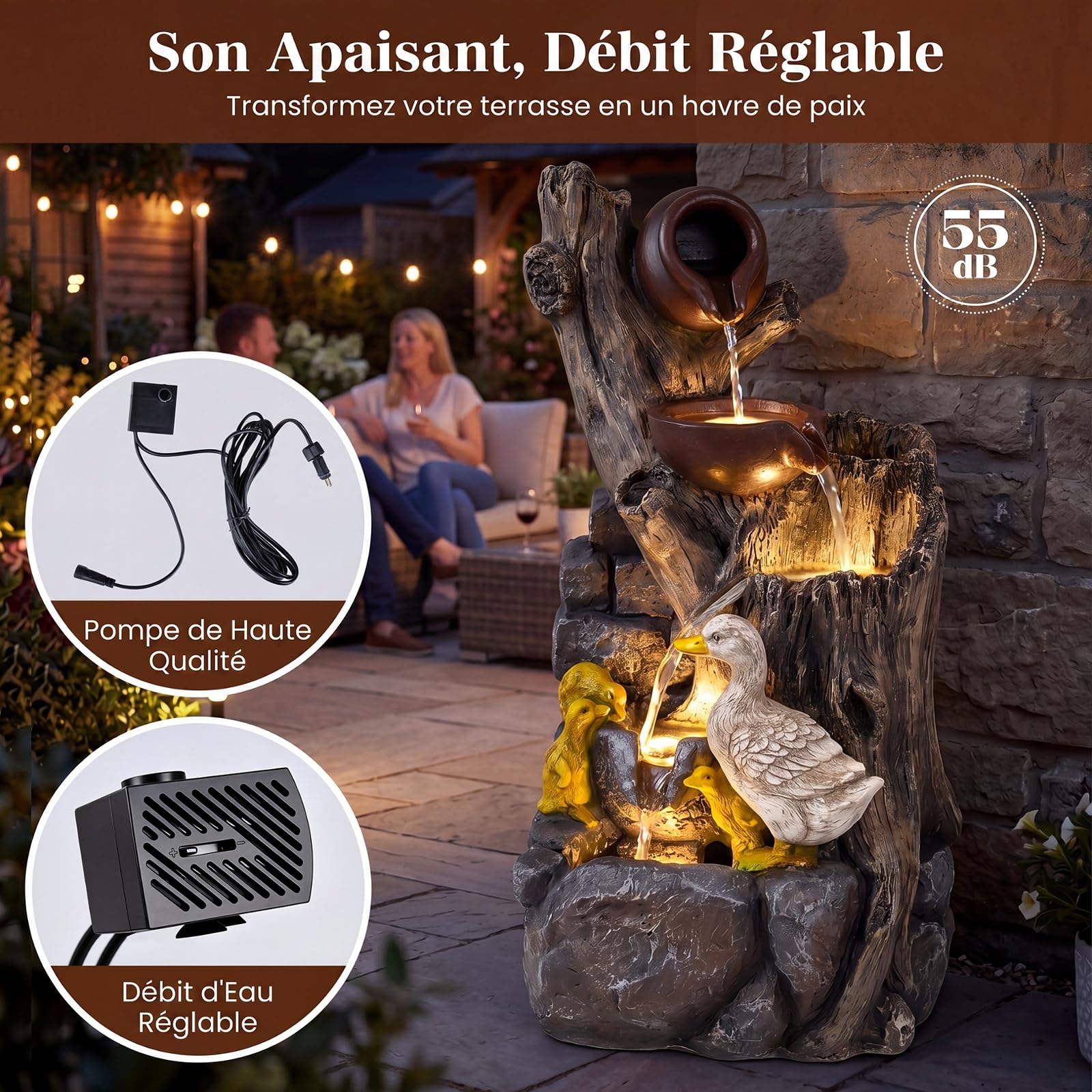 COSTWAY Fontaine de Jardin avec Éclairage LED et Cascade Aspect Pierre