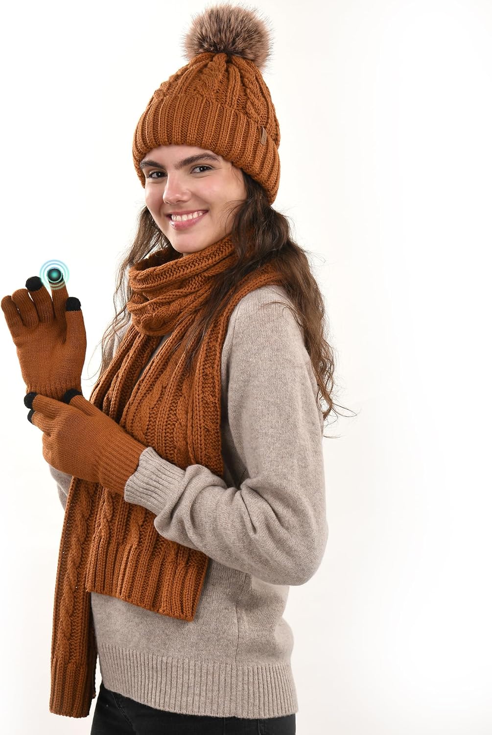 FURTALK Womens Winter Hat Gloves Scarf Set Fleece Knit Pom Beanie Warm Neck Warmer Touchscreen Gloves 3 in 1 Gift Set - Image 4