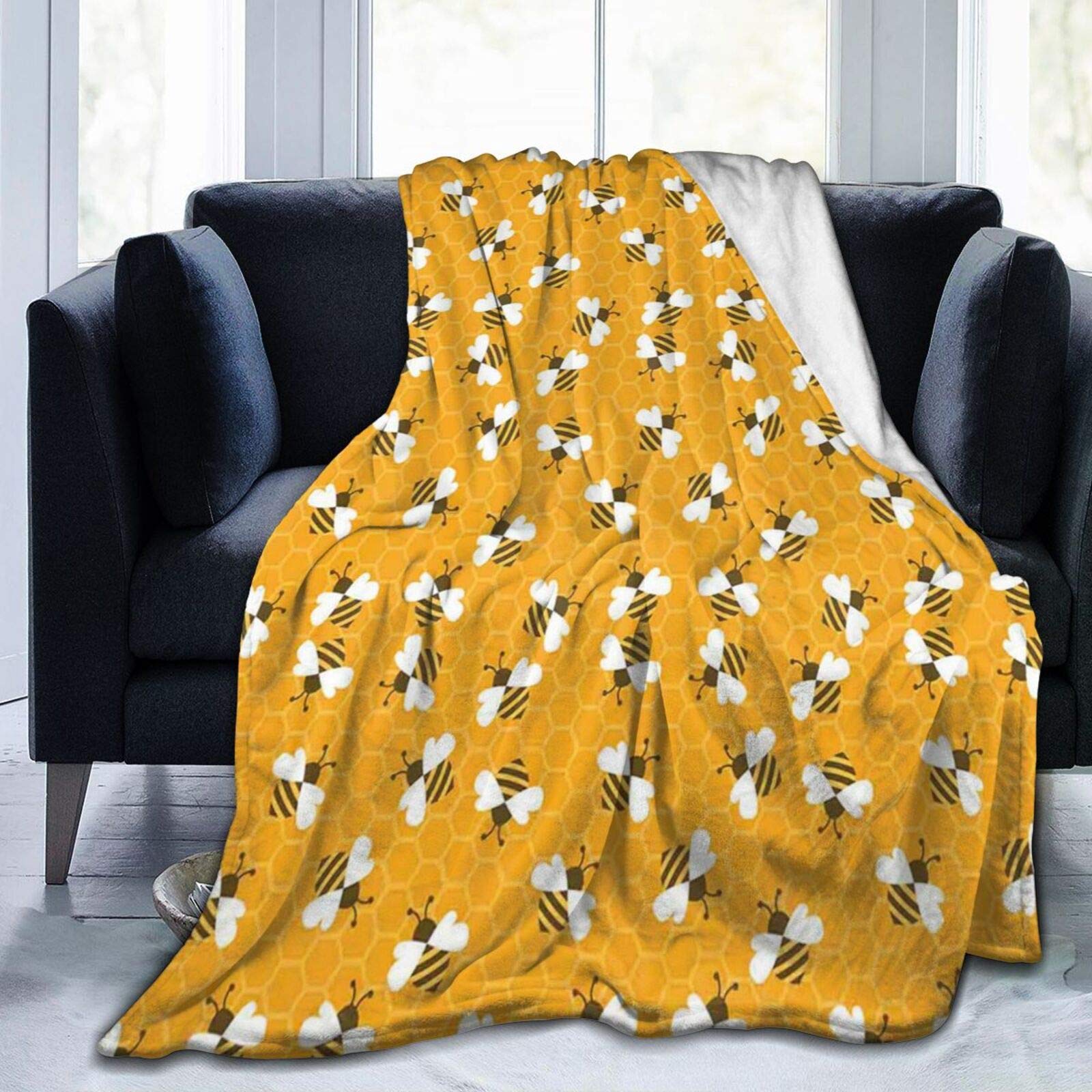 LIBIFALL Bee Soft Flannel Fleece Throw Blanket,Bumble Bees Producing Honey by Filling Honeycombs Cells,Home Decor Micro Warm Blanket for Couch Bed,40" x 50",Yellow