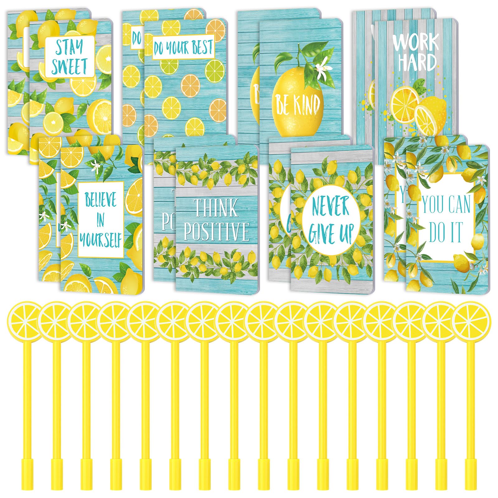 MotiMind Juego de 16 mini cuadernos de bolsillo de limón con bolígrafo en forma de limón, planificador de diario a granel para regreso a clases, fiesta de graduación, suministros escolares, oficina,