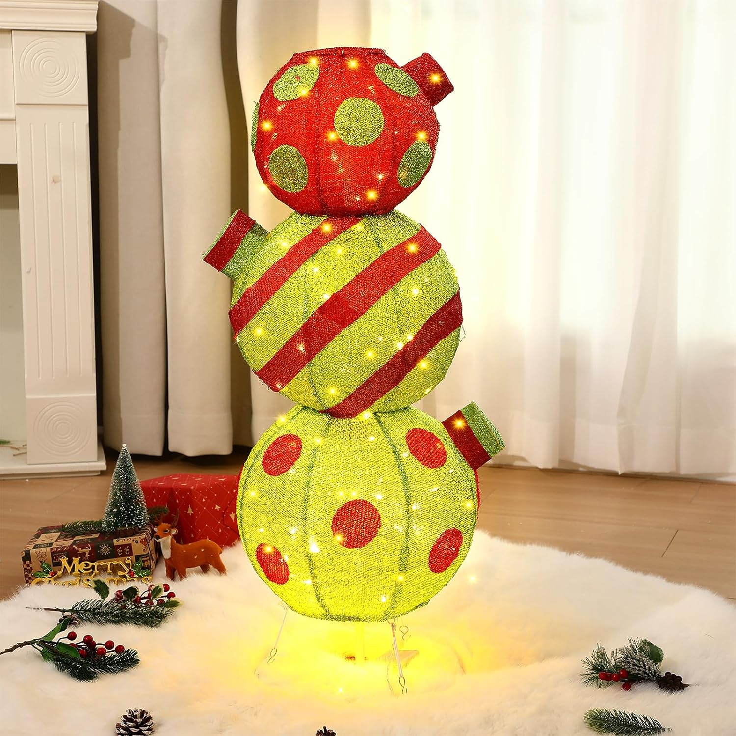Pinkunn 3ft Pop-Up Lighted Outdoor Ball Ornaments Decoration, Giant Oversized Collapsible Balls 80 LED with Warm Light for Yard Lawn Xmas Indoor Outdoor Decor(Red, Green)