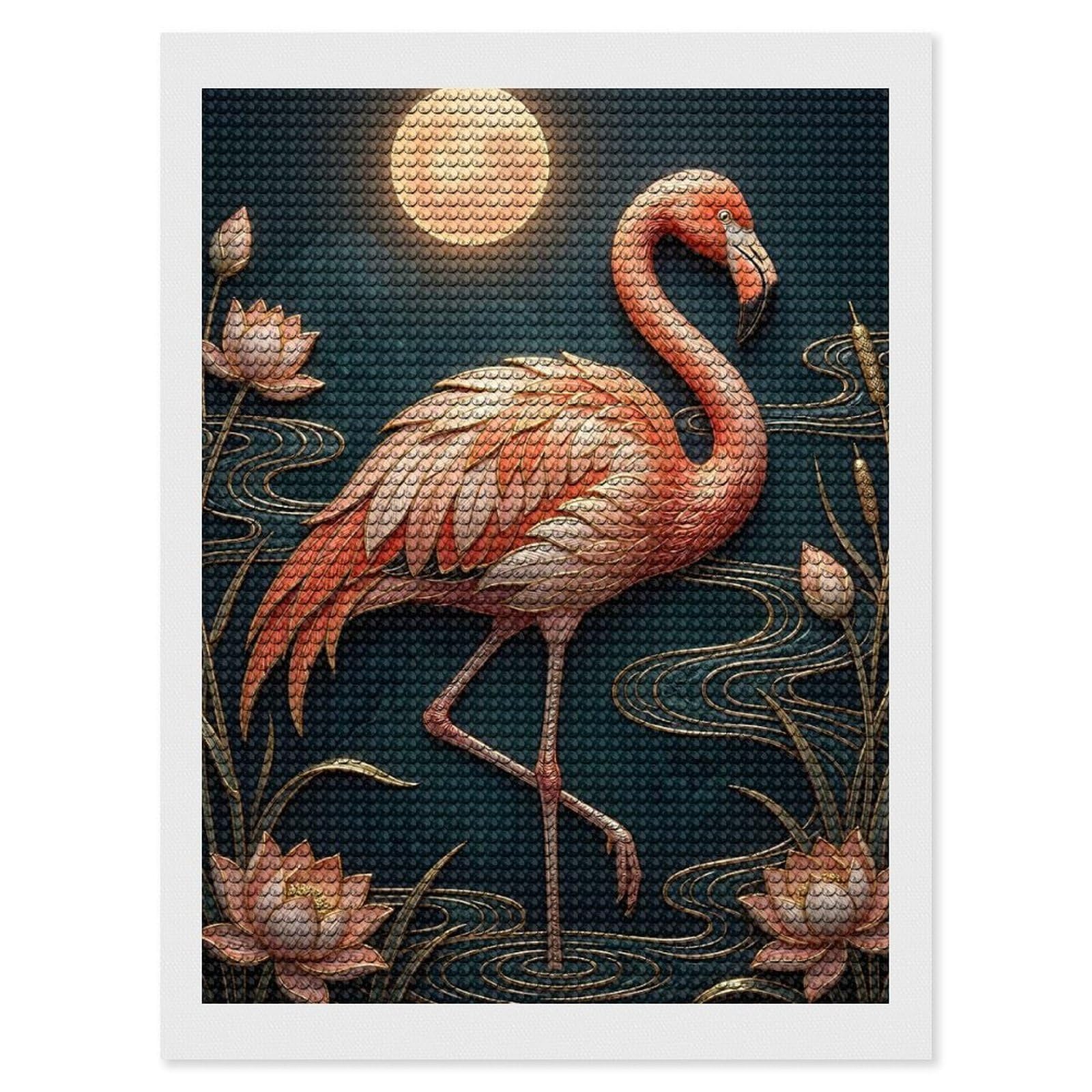 Junmoney Flamingo and Lotus Moonlit Scene Diamond Painting Canvas Set 12"x16", for Craft Lovers, Decorate Your Room, Festive Craft Gift, Vintage Style Decor