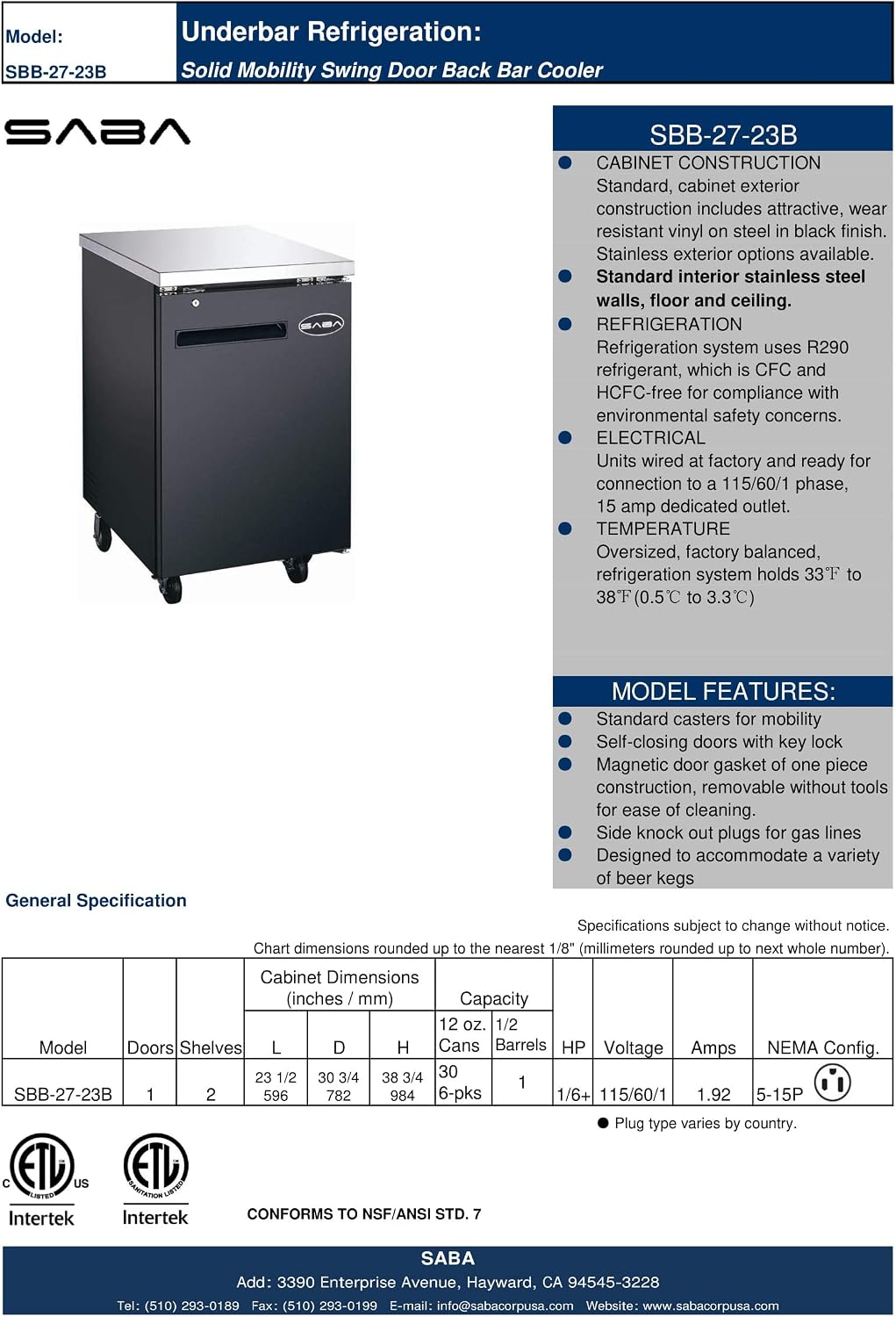 SABA 23" Back Bar Cooler, 27" Depth