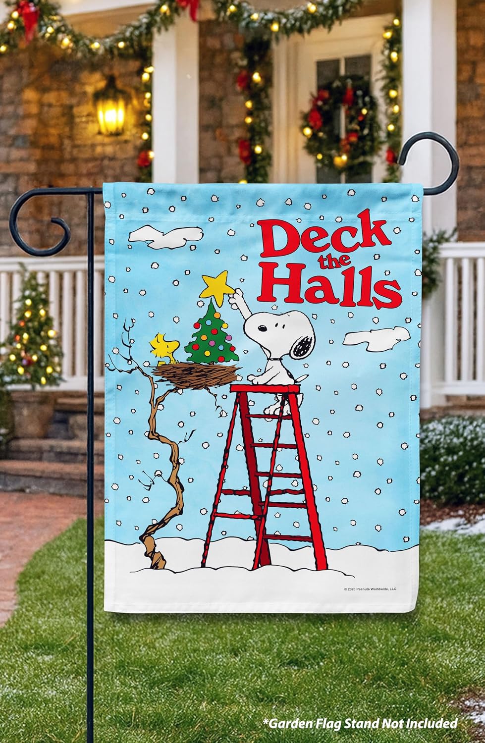 Flagology, PEANUTS®, Deck the Halls Snoopy and Woodstock – Garden Flag 12" x 18", Officially Licensed PEANUTS®, Christmas
