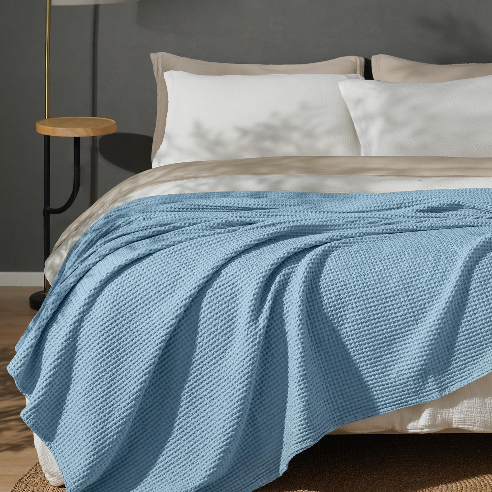 phf 100% cotton waffle weave blanket queen size for bed,snag proof lightweight breathable moisture-wicking throw for couch,great for layering in cold weather, home decor gift-dusty blue