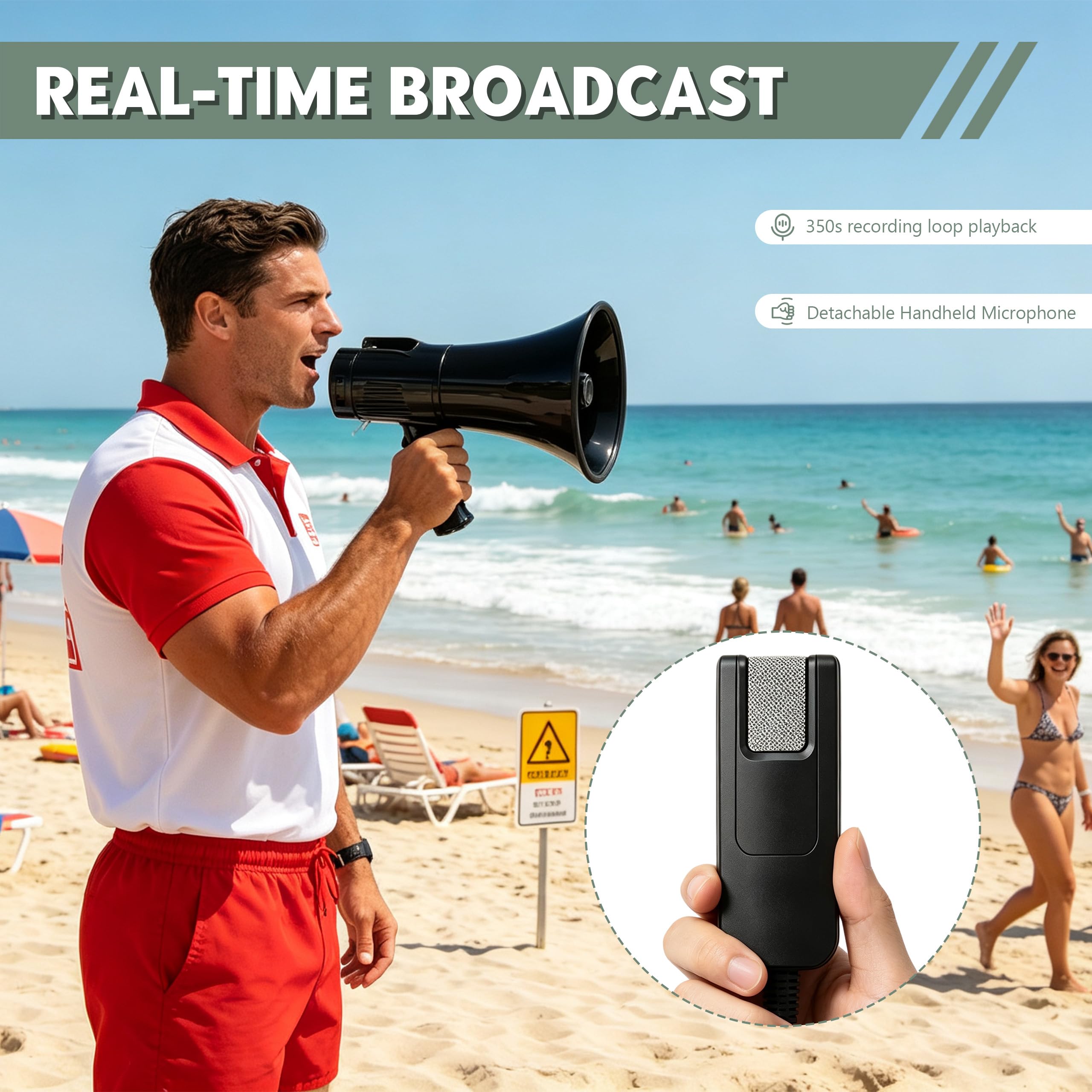 Megafono da 120 W con funzione di registrazione da 1000 secondi, portata massima 2000 m | Altoparlante portatile con sirena, 2 batterie per lezioni, formazione, turismo, emergenze e attività all'aperto
