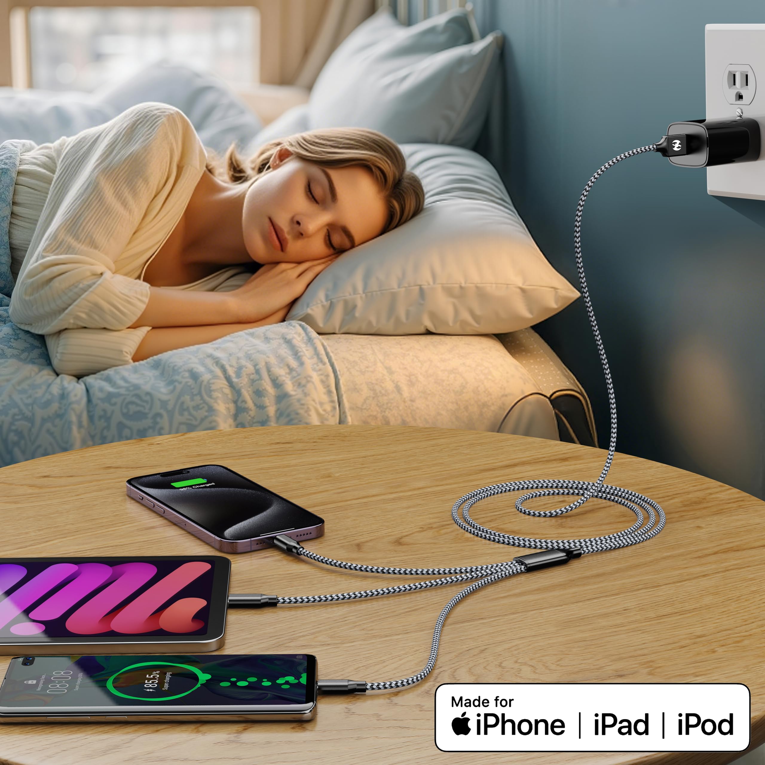 Cavo di ricarica multiplo lungo (3 m, 2 pezzi) Cavo di ricarica multiplo, cavo di ricarica rapido in nylon intrecciato, cavo di ricarica USB 3 in 1, cavo di ricarica multi telefono con connettori USB