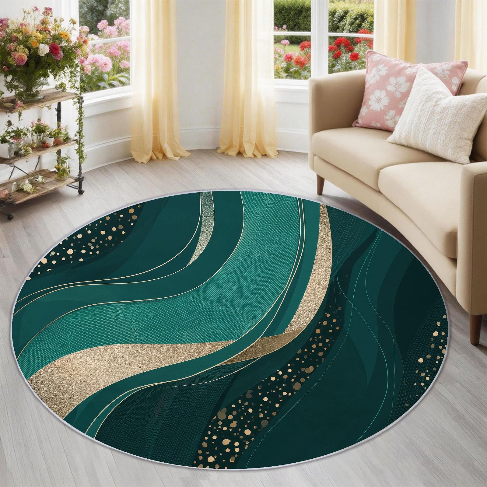 Générique Luxe Italien Tapis Rond Salon 180 cm Poils Courts pour Chambre Cuisine Intérieur, Texture Marbre Lignes Dorées Antidérapant Doux Flanelle Tapis Rond Décoratif, Vert Foncé
