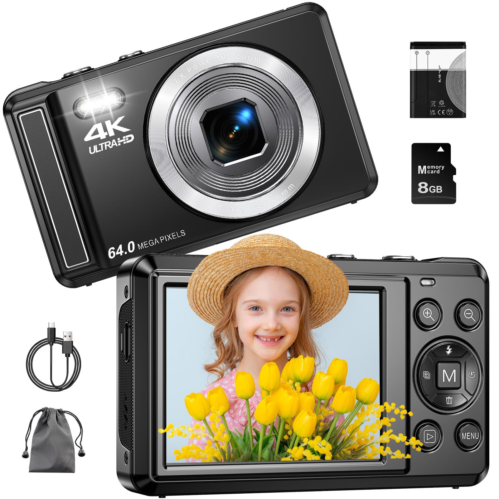 Fotocamera digitale 4K 64 MP con scheda micro SD, messa a fuoco automatica, zoom digitale 16x, fotocamera compatta portatile con batteria da 1200 mAh, cavo USB, per adolescenti, adulti e principianti