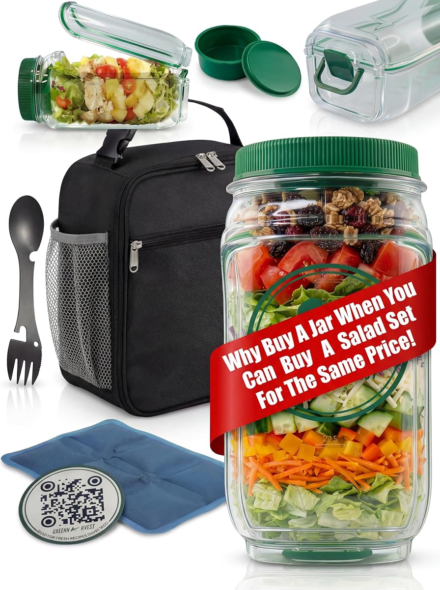 El juego original de cápsulas para ensalada, tarro de ensalada portátil a prueba de fugas, abierto lateralmente con taza de aderezo, tarro de ensalada con tapa de apertura lateral, recipiente reutilizable para preparación de ensaladas para comidas frescas OnTheGo