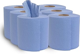 H-Line Blue Rolls Centrefeed 2 Ply Kitchen Towels Embossed Pattern Strong & Absorbent Paper Towel Tissue Roll Standard Household 300 Sheets Per Roll for Home Kitchen Office Warehouse(Pack of 6)
