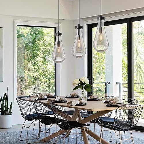 Miniatura 5 de Juego de 3 lámparas colgantes con forma de gota de lluvia, para isla de cocina, lámparas colgantes negras de cristal sólido transparente,