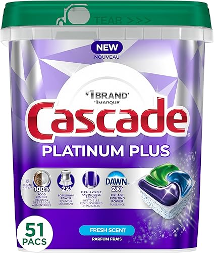 Cascade Platinum Plus Action Pacs - Detergente para lavavajillas, aroma fresco, paquete de 51