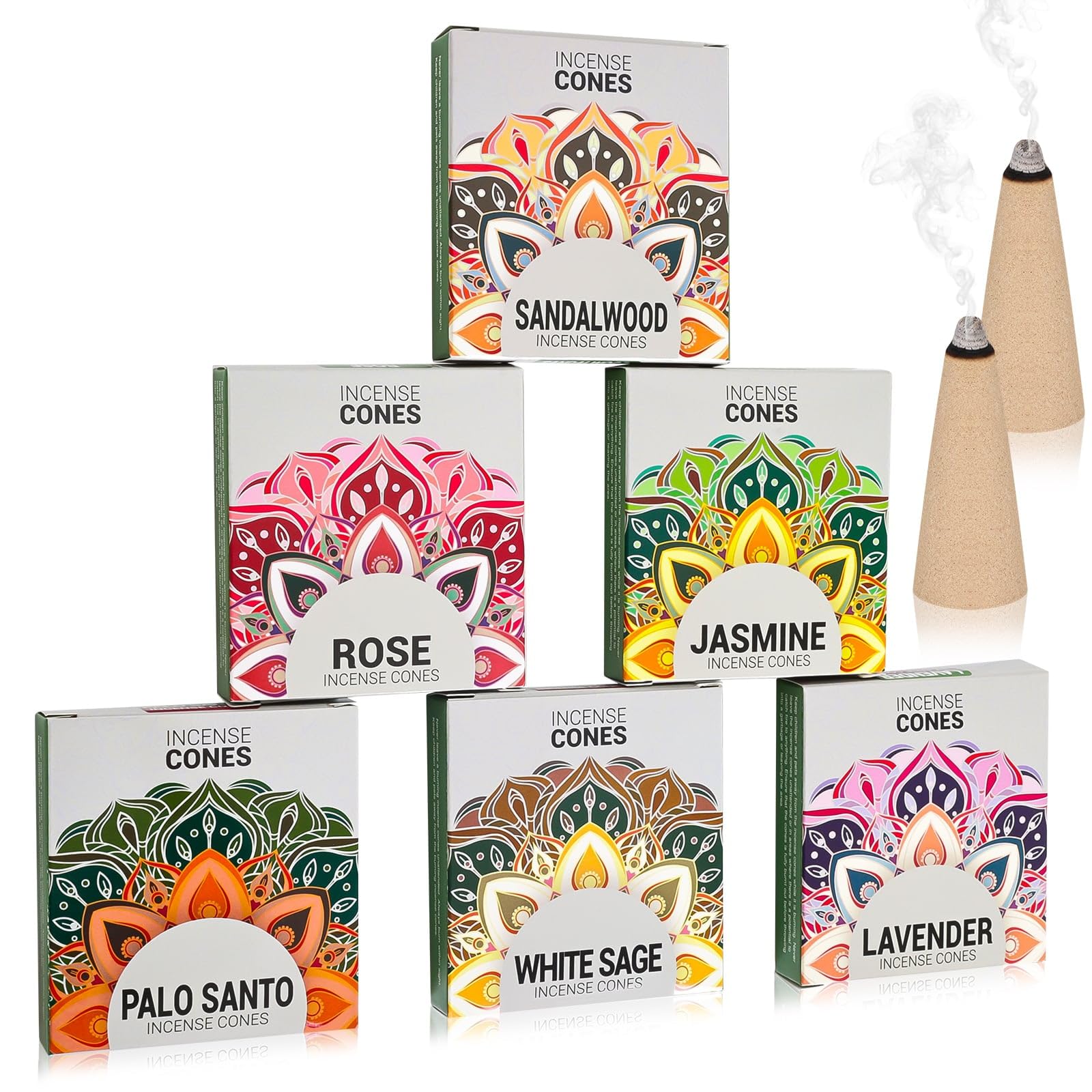Incense Cones Variety Pack - 6 Scents: Lavender, Jasmine, Sandalwood, Palo Santo, Rose, White Sage for Relaxation