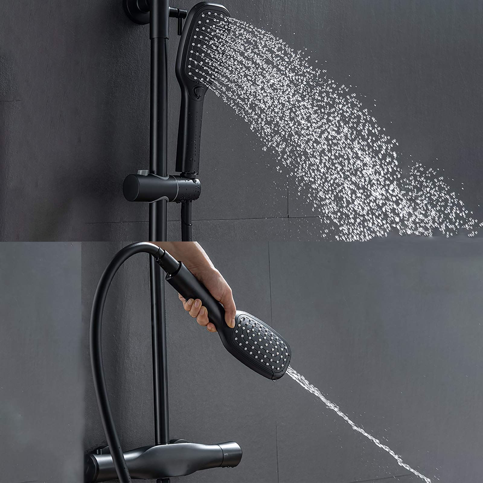 Sistema Doccia a Pioggia, Set Rubinetto termostatico Nero, Miscelatore Combinato in Ottone a Parete con Testa Rettangolare, doccetta a 2 modalità, Waterf