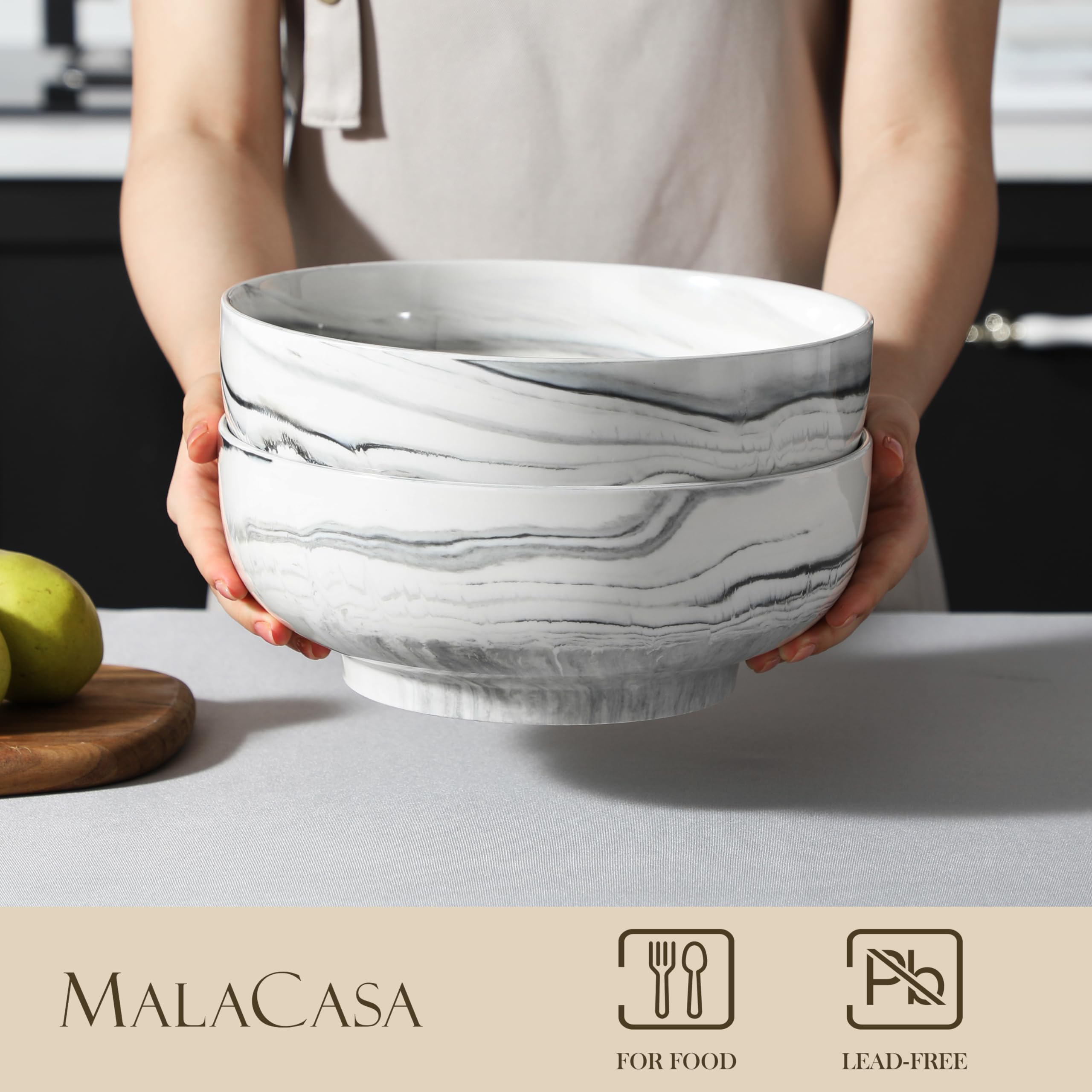 MALACASA, Serie Regular, set di 2 ciotole per cereali in marmo di porcellana, 3400 ml, ciotola di riso, ciotola per snack, ciotola per insalata, zuppe, ramen, frutta, ecc.