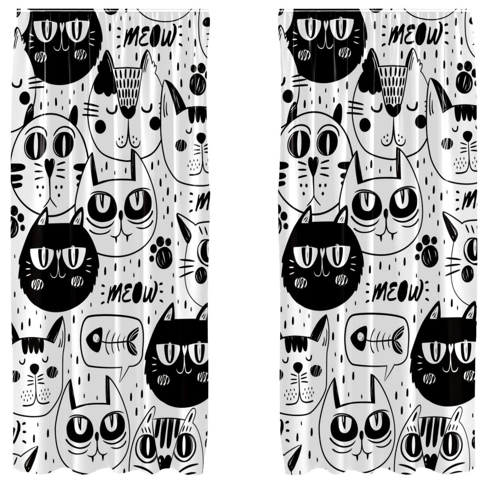 Rideaux chat blanc et noir au design graphique moderne 213 cm