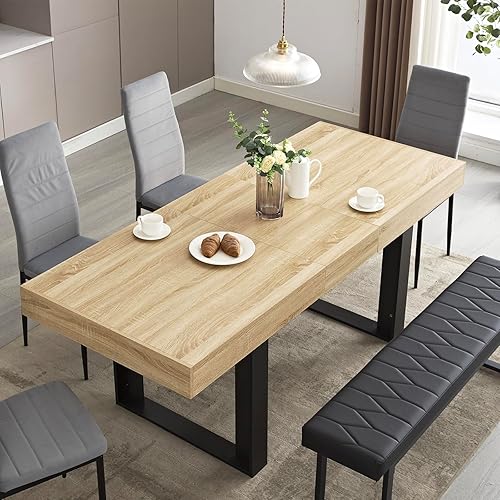 STHOUYN 63”-79” Extendable Dining Room Table, Modern Farmhouse Wooden Kitchen Table, Long Expandable Dining Table for 6 8 10, Large Expanding Table Conference Tables (Rustic Oak)