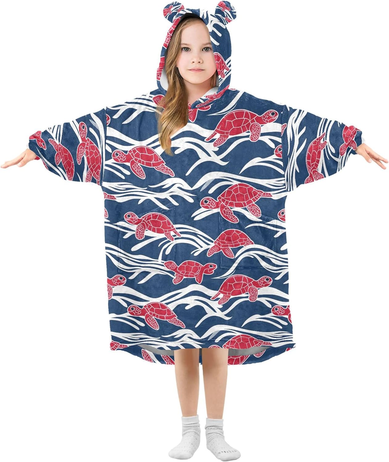 Sea Turtle Red Kids Wearable Blanket Hoodie with Pocket and Sleeves for Toddlers, Cute Hoodies Girls Boys B0403670