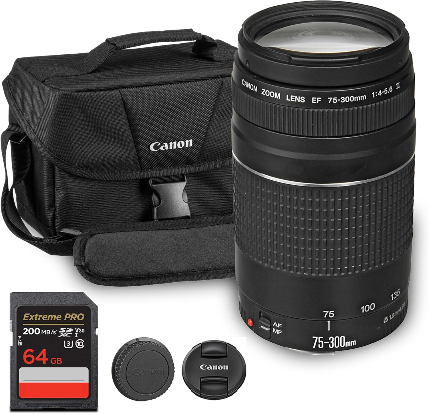 Canon EF 75-300mm f/4-5.6 III Lens | Compact Telephoto Zoom with Versatile Focal Range & Smooth Autofocus | Great for Sports, Wildlife, & Everyday Photography (6473A003) + Shoulder Bag + 64GB Card