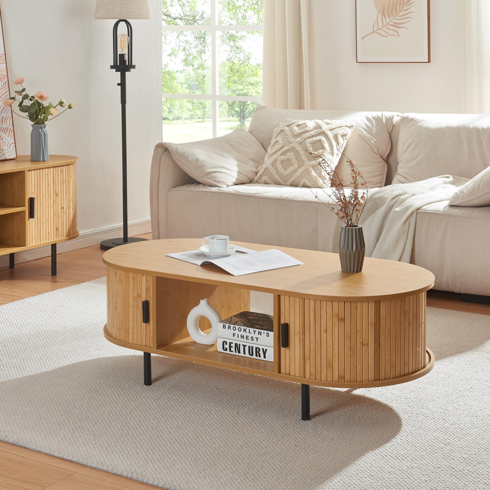 [en.casa] Couchtisch Tvedestrand Wohnzimmertisch mit 2 Schiebetüren mit Metallbeine Sofatisch mit Stauraum 120 x 55 x 40 cm Natur