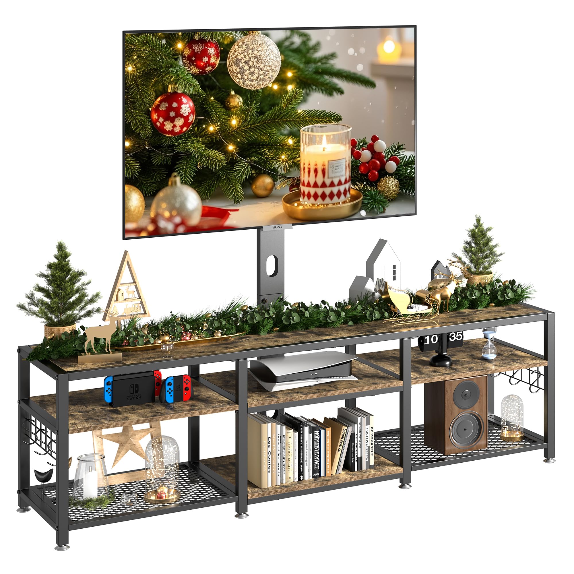 VECELO 63" TV Stand with Mount and Power Outlets, Entertainment Center Console with Open Storage Shelves, Height Adjustable Mount up to 75”, Wooden Table and Metal Frame for Living Room, Rustic Brown