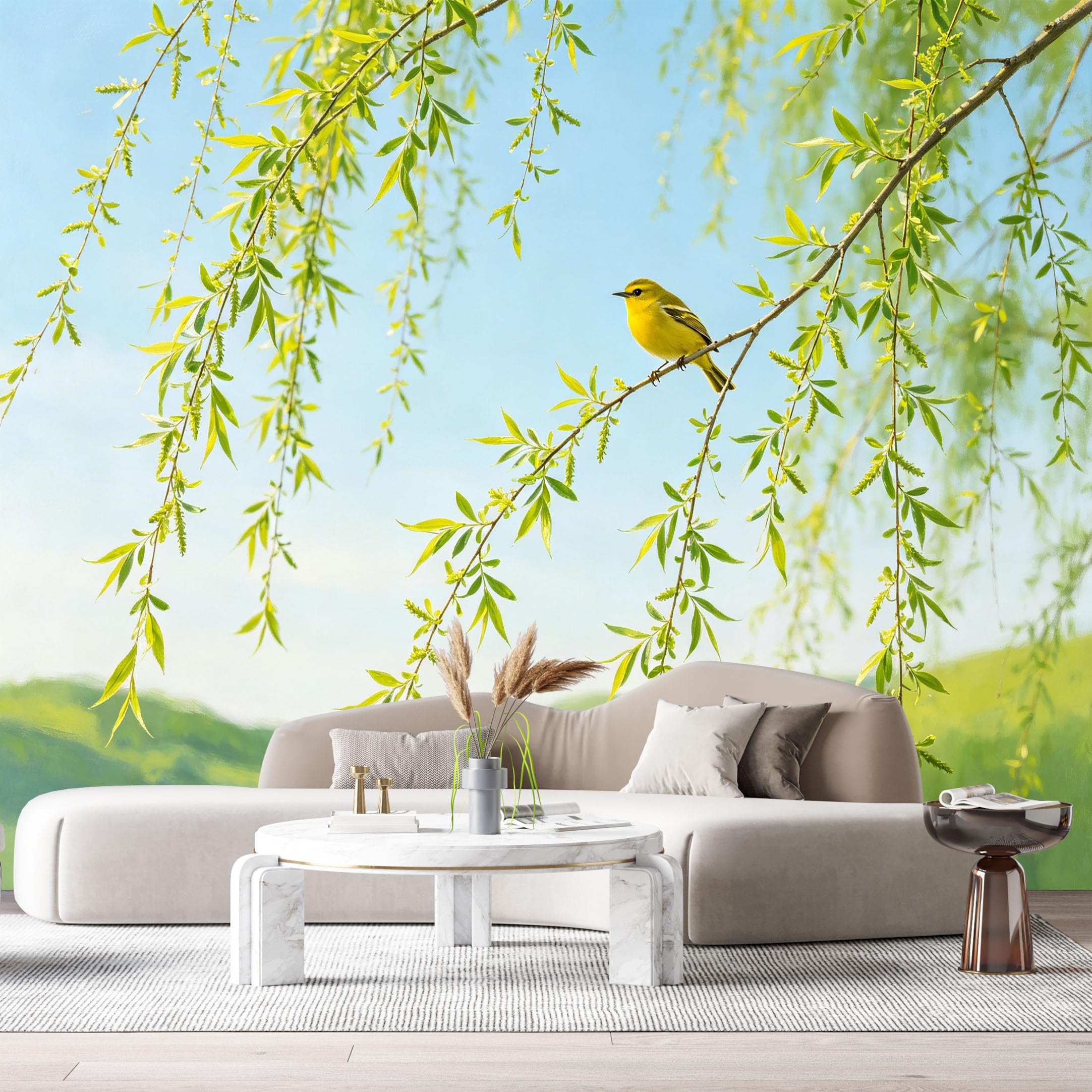 Custom Size Wall Murals Spring Willow Botanical Watercolor Bird Branch Green Hills SelfAdhesive Wall Fabric Removable Large Wallpaper for Photo Living Room