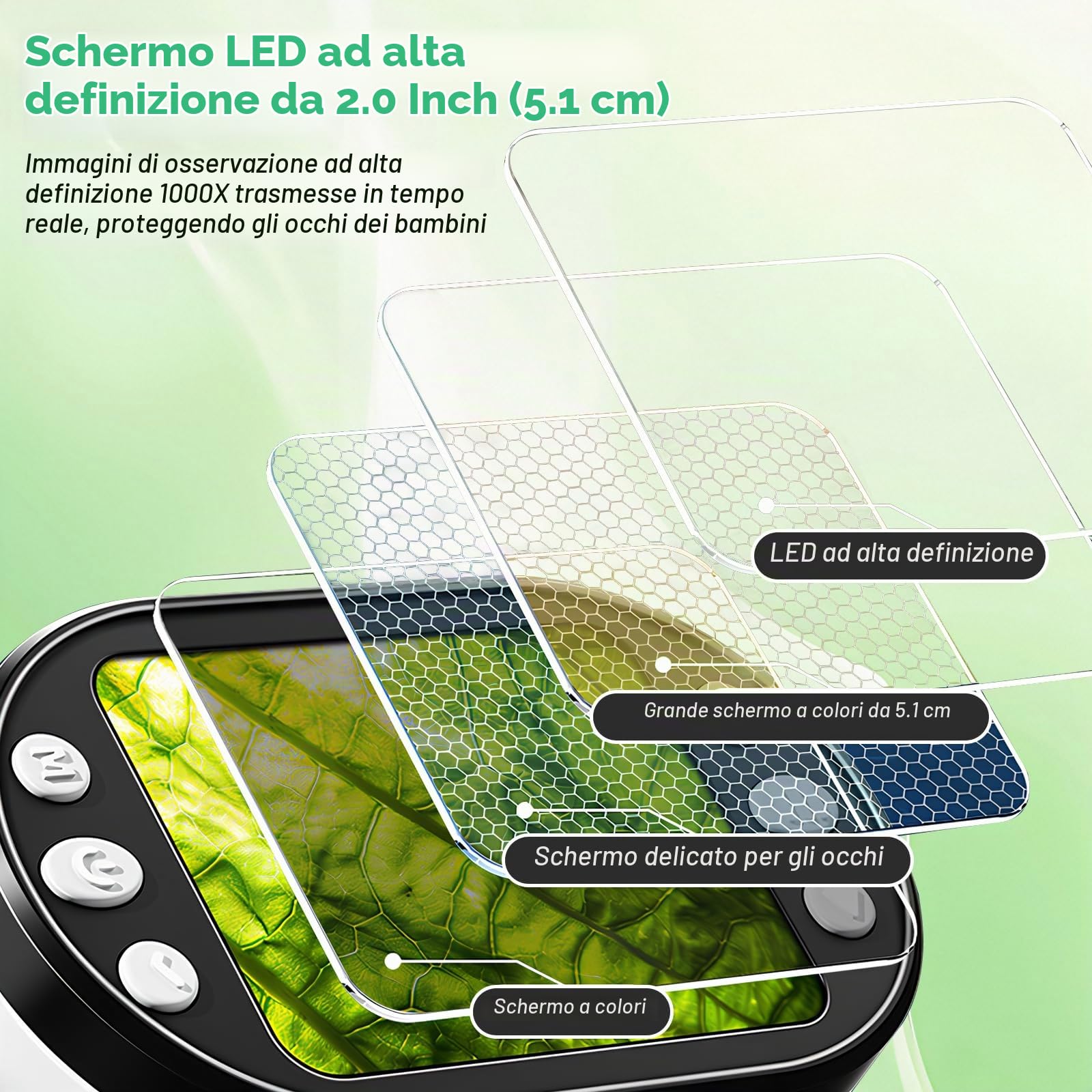 3 in 1 Microscopio Digitale per Bambini 1000X Microscopio Portatile da 2.0" con 6 Luci LED Regolabili 14pcs Preparato Slide Esemplare e Scheda 32 GB, Natale e Compleanno