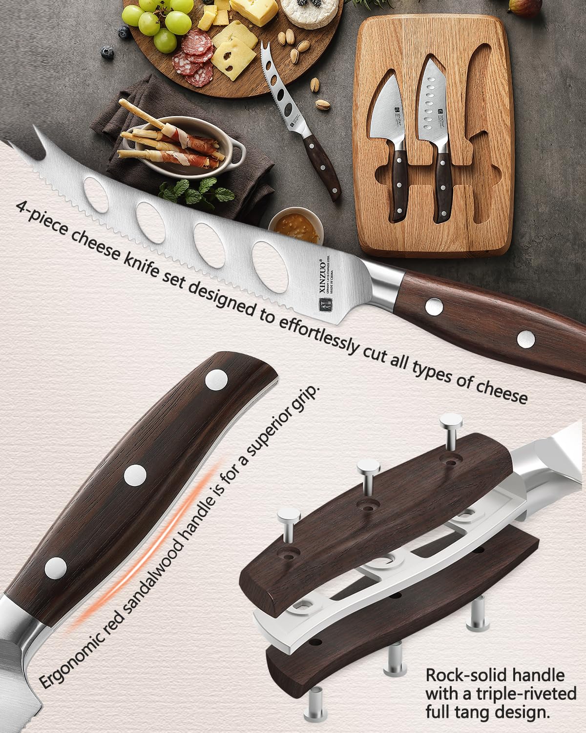 XINZUO Juego de Cuchillos para Queso con Tabla Madera de Roble Rojo y 3 Cuchillos Acero Inoxidable Magnética