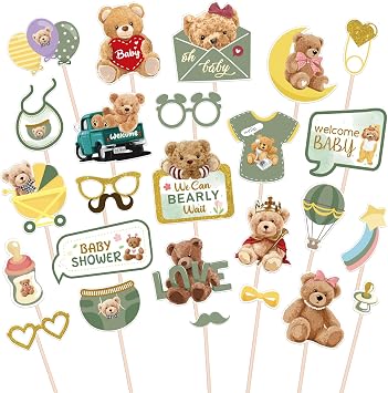 Cute Bear Photo Booth Props - 25 Pcs Bear Baby Shower Selfie Props Favors Supplies - Kids Birthday Centerpiece Sticks - Teddy Bear Sign Birthday Party Decorations