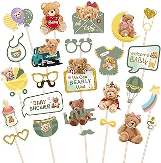 Cute Bear Photo Booth Props - 25 Pcs Bear Baby Shower Selfie Props Favors Supplies - Kids Birthday Centerpiece Sticks - Teddy Bear Sign Birthday Party Decorations