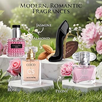 طقم عطر صغير أساسي مكون من 4 قطع، طقم هدايا عيد ميلاد للنساء، ماء عطر 30 مل لكل منهما، عطر فانيليا ورائحة زهرية، مقاس سفر يدوم طويلاً، C5، كريستال وردي، فتاة لطيفة وعيد الحب