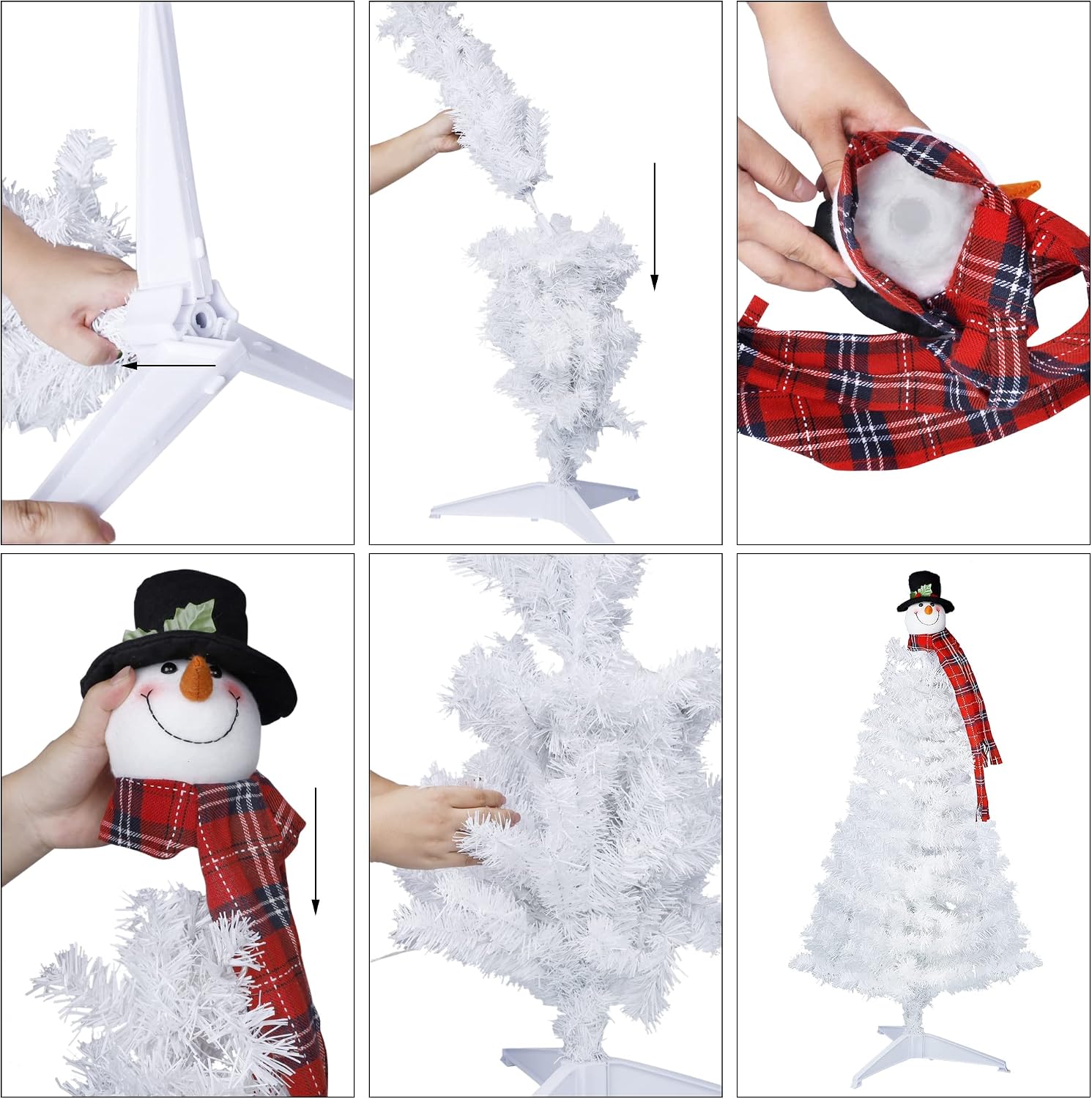 Juegoal 4FT Pre-lit Artificial Christmas Tree with Snowman Tree Topper, White Tinsel Pencil Pine Tree with 100 Warm White LED Lights, Xmas Holiday Winter Home Party Decorations