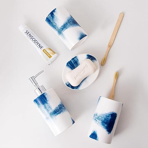 Miniatura 7 de Juego de accesorios de baño azul y blanco  Juegos completos de accesorios de baño incluye dispensador de jabón, soporte para cepillo de dientes,