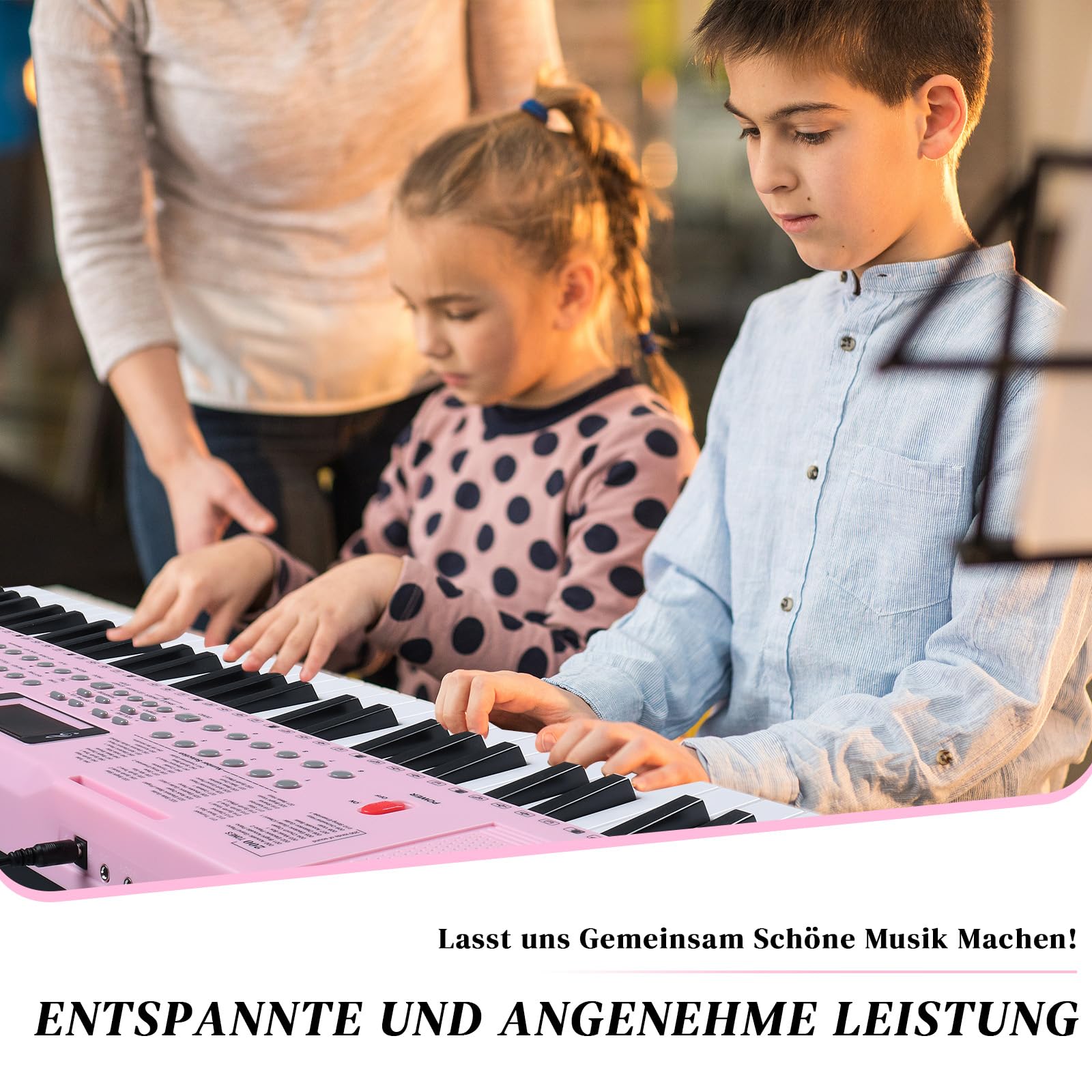 LEADZM Tastiera Piano 61 tasti, tastiera digitale con supporto per tastiera, panca per pianoforte, supporto per spartiti, cuffie, microfono, schermo LED, 3 modalità di apprendimento per principianti