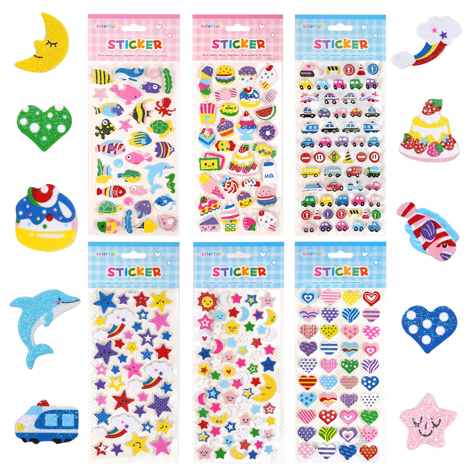 SHANGRLA Glitter Foam Stickers for Kids Crafts, Assorted Puffy Stickers with Ocean Heart Star Vehicle Cars Food and More, Self Adhesive 6 Sheets.